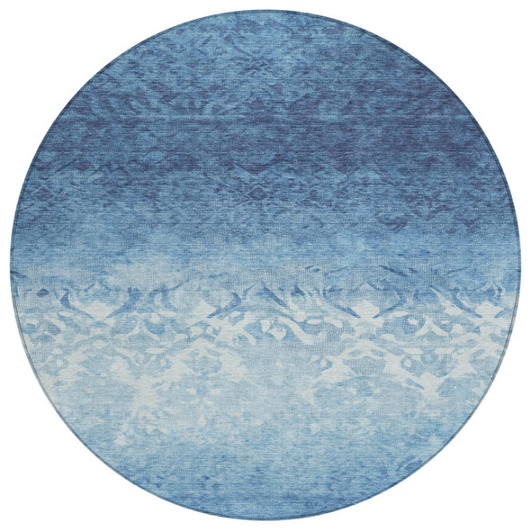 8' Denim Blue And Ivory Round Damask Washable Indoor Outdoor Area Rug