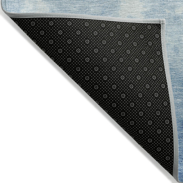 9' X 12' Denim Blue And Ivory Damask Washable Indoor Outdoor Area Rug