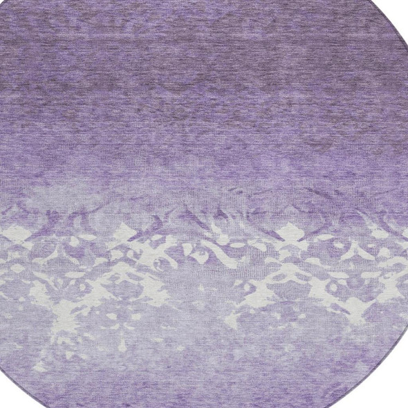 8' Purple And Ivory Round Damask Washable Indoor Outdoor Area Rug