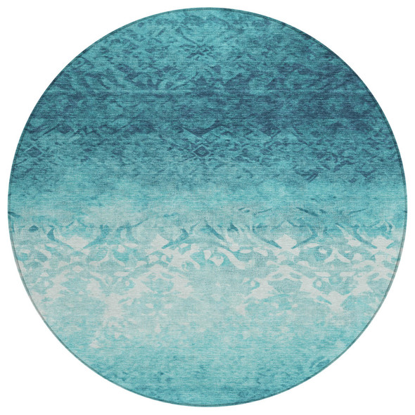 8' Teal Blue And Ivory Round Damask Washable Indoor Outdoor Area Rug