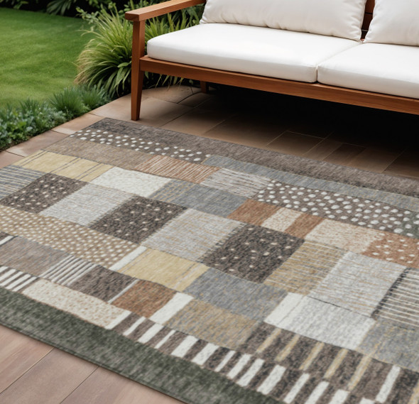 9' X 12' Brown Ivory And Gray Geometric Washable Indoor Outdoor Area Rug