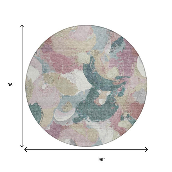 8' Mauve Beige And Sage Round Abstract Washable Indoor Outdoor Area Rug