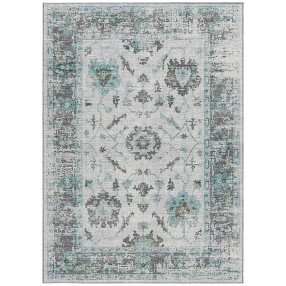 3' X 5' Teal Blue And Gray Floral Washable Indoor Outdoor Area Rug