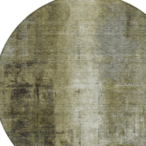 8' Olive Green And Ivory Round Abstract Washable Indoor Outdoor Area Rug
