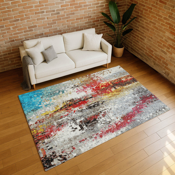5' X 8' Silver Red Teal Blue And Ivory Abstract Washable Indoor Outdoor Area Rug