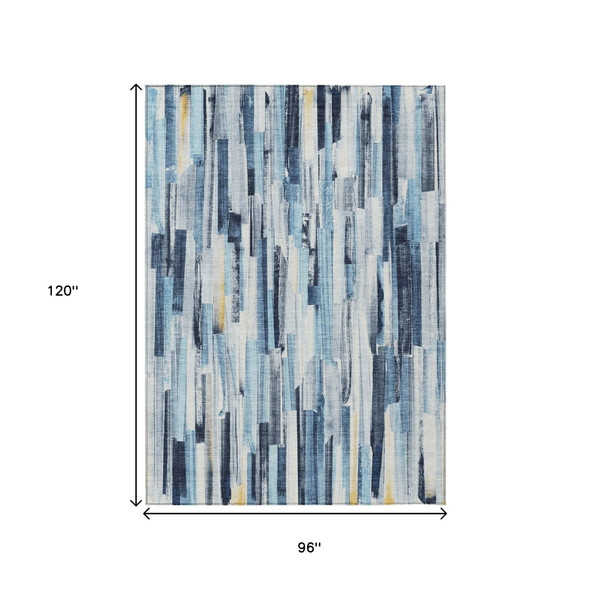 8' X 10' Denim Blue And Ivory Striped Washable Indoor Outdoor Area Rug