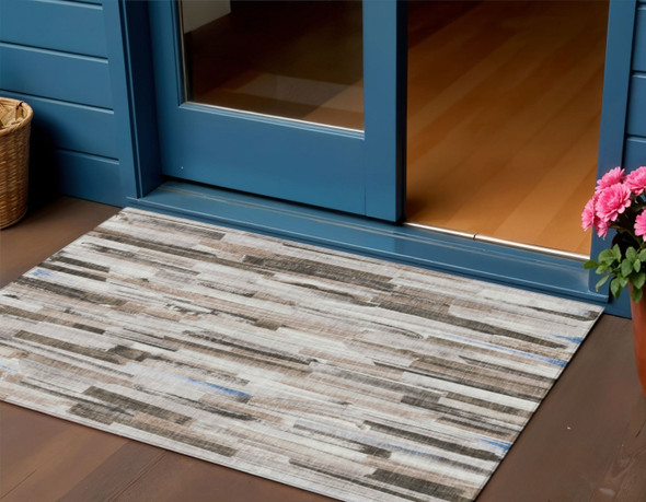 3' X 5' Khaki And Ivory Striped Washable Indoor Outdoor Area Rug