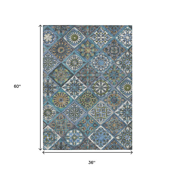 3' X 5' Denim Blue And Green Patchwork Washable Indoor Outdoor Area Rug