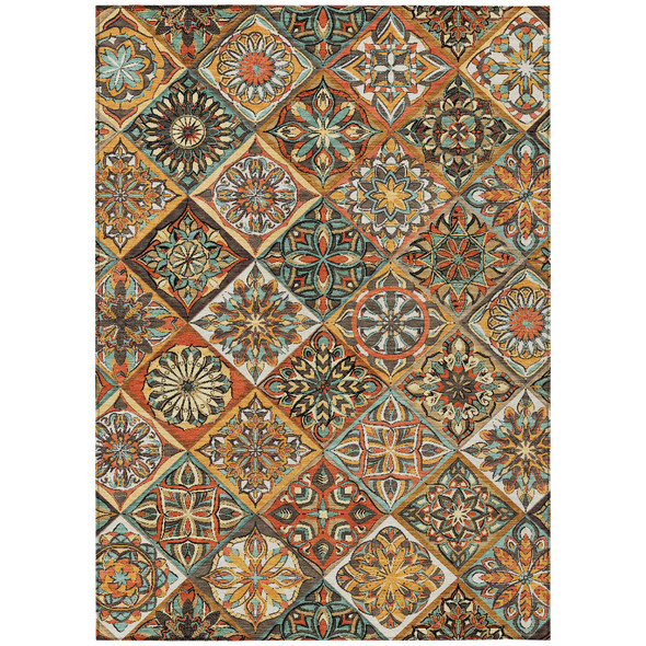 5' X 8' Gold And Orange Patchwork Washable Indoor Outdoor Area Rug