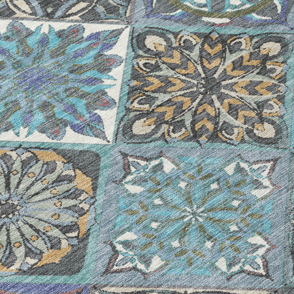 9' X 12' Teal Blue And Ivory Patchwork Washable Indoor Outdoor Area Rug