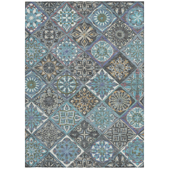 10' X 14' Teal Blue And Ivory Patchwork Washable Indoor Outdoor Area Rug