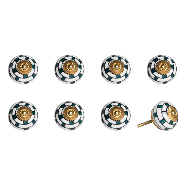 Set of Eight Green White And Gold Geometric Ceramic Drawer Pull Knobs