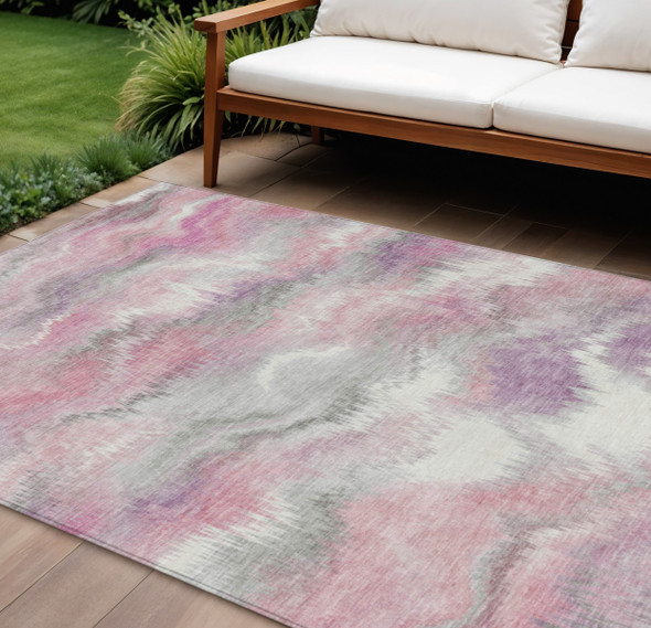 9' X 12' Blush And Ivory Abstract Washable Indoor Outdoor Area Rug