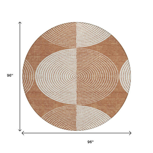 8' Copper And Ivory Round Geometric Washable Indoor Outdoor Area Rug