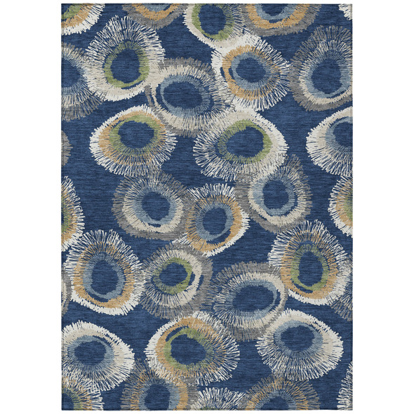 5' X 8' Navy Blue Ivory And Green Geometric Washable Indoor Outdoor Area Rug