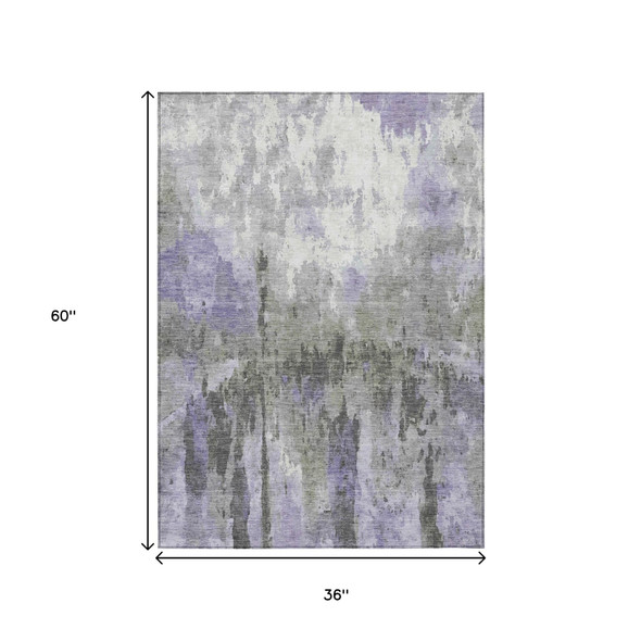 3' X 5' Lavender Ivory And Gray Abstract Washable Indoor Outdoor Area Rug