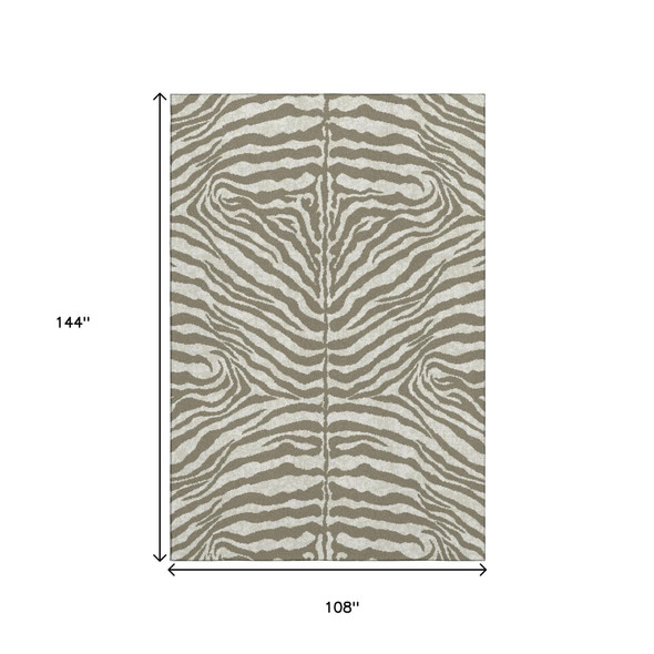 9' X 12' Taupe And Ivory Zebra Print Washable Indoor Outdoor Area Rug