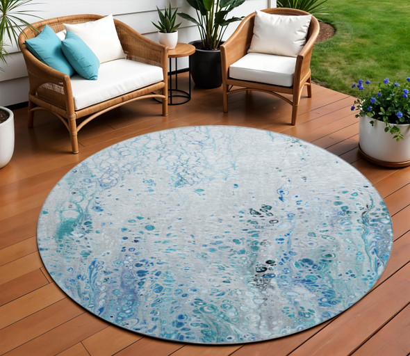 8' Light Blue And Ivory Round Abstract Washable Indoor Outdoor Area Rug