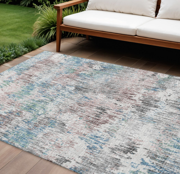 9' X 12' Blue Ivory And Sage Abstract Washable Indoor Outdoor Area Rug