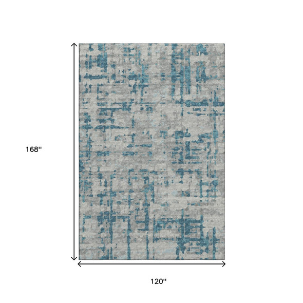 10' X 14' Persian Blue And Gray Abstract Distressed Washable Area Rug With UV Protection