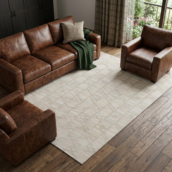 9' X 12' Ivory And Beige Geometric Washable Area Rug With UV Protection