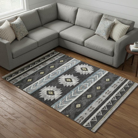 10' X 14' Midnight Gold And Ivory Geometric Washable Area Rug With UV Protection