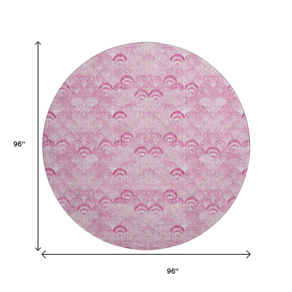 8' Pink And Ivory Geometric Washable Round Rug With UV Protection