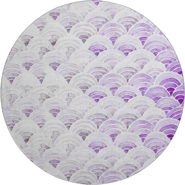 8' Purple Ivory And Gray Geometric Washable Round Rug With UV Protection
