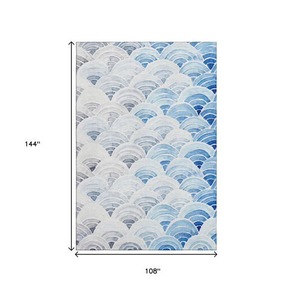 9' X 12' Blue Ivory And Gray Geometric Washable Area Rug With UV Protection