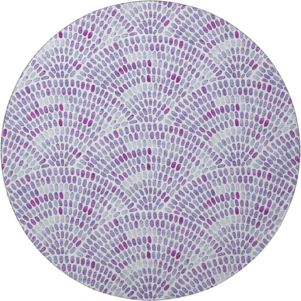 8' Purple And Ivory Geometric Washable Round Rug With UV Protection