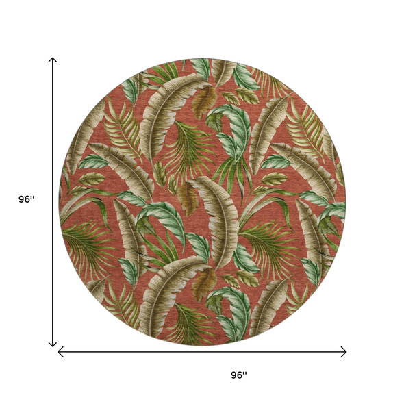 8' Cinnamon Green And Brown Geometric Washable Round Rug With UV Protection