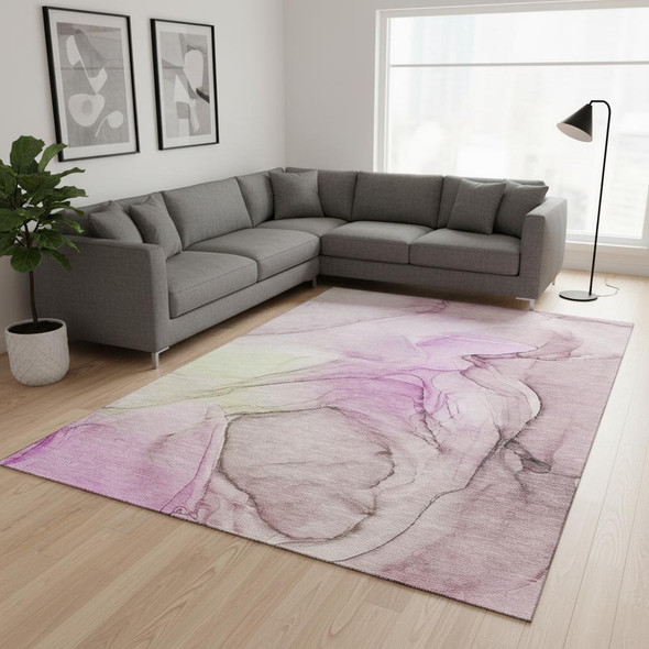 10' X 14' Pink And Ivory Abstract Washable Area Rug With UV Protection