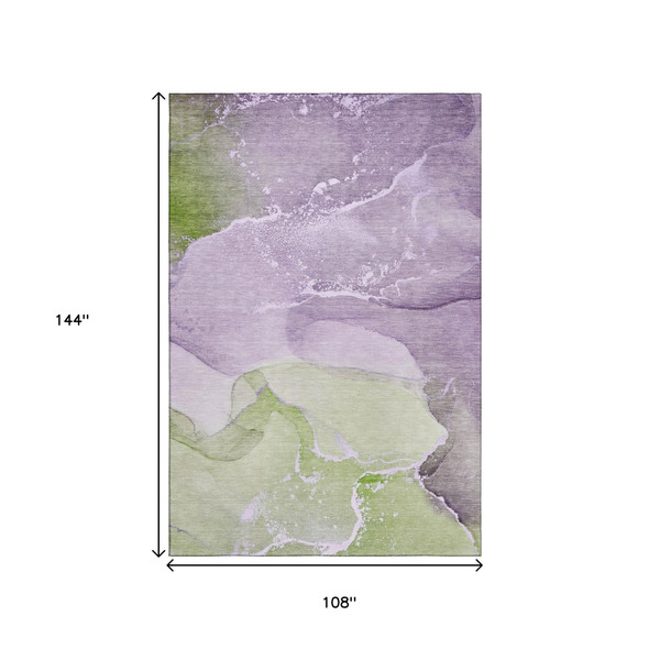 9' X 12' Purple Green And Ivory Abstract Washable Area Rug With UV Protection