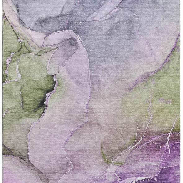 5' X 8' Purple Ivory And Green Abstract Washable Area Rug With UV Protection