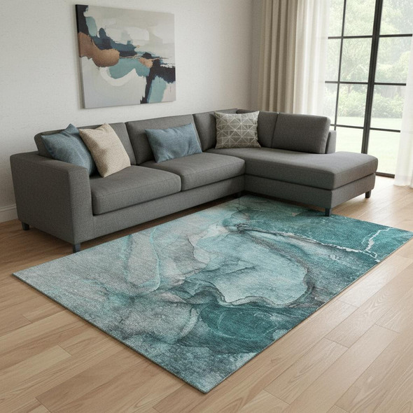 9' X 12' Teal Gray And Ivory Abstract Washable Area Rug With UV Protection