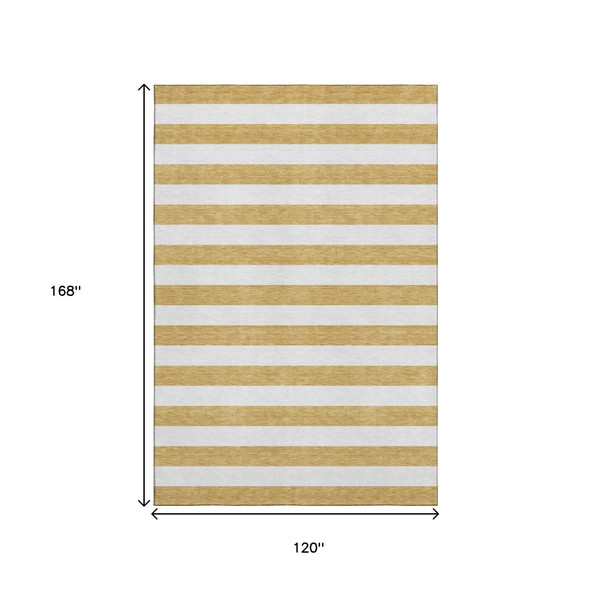 10' X 14' Gold And Ivory Striped Washable Area Rug With UV Protection