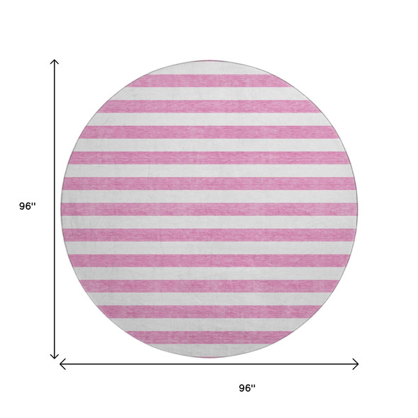 8' Pink And Ivory Striped Washable Round Rug With UV Protection
