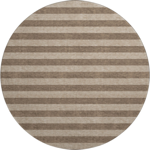 8' Coffee And Beige Striped Washable Round Rug With UV Protection