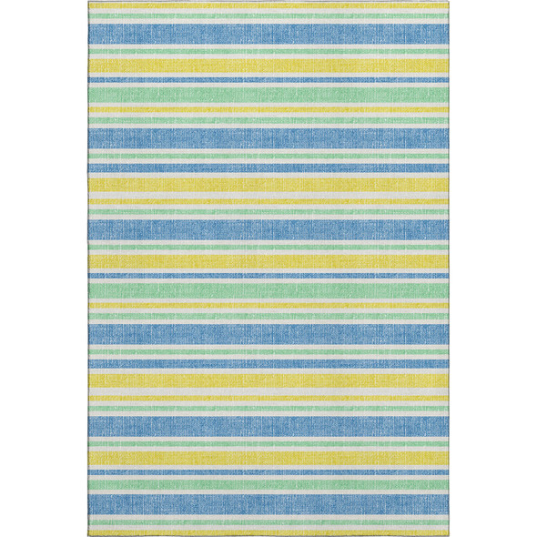 9' X 12' Yellow And Blue Striped Washable Area Rug With UV Protection