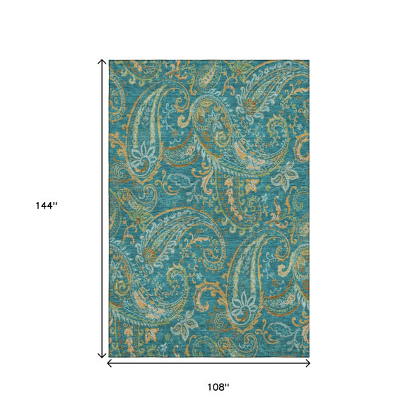 9' X 12' Teal Green And Gold Paisley Distressed Washable Area Rug With UV Protection