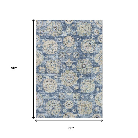 5' X 8' Blue Ivory And Gold Floral Washable Area Rug With UV Protection