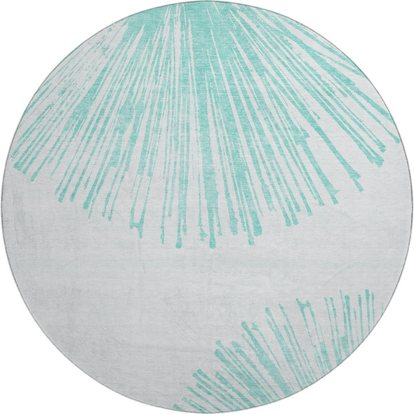 8' Teal And Ivory Abstract Washable Round Rug With UV Protection