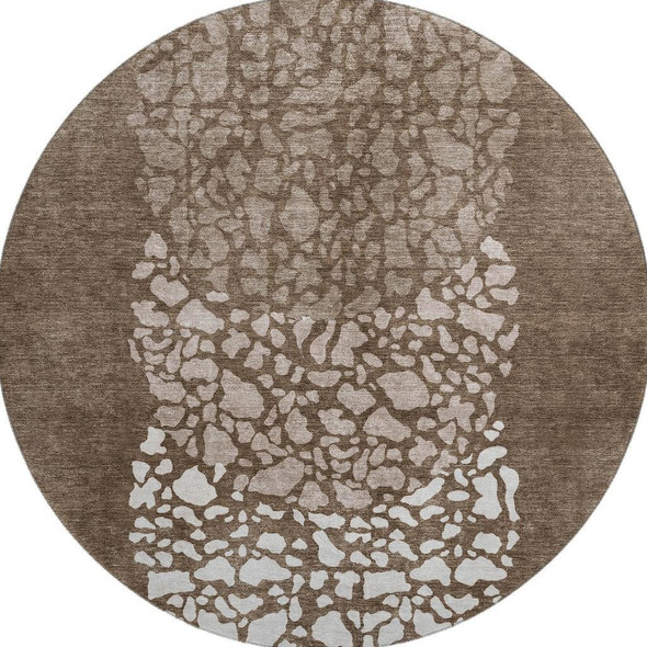 8' Chocolate And Ivory Abstract Washable Round Rug With UV Protection