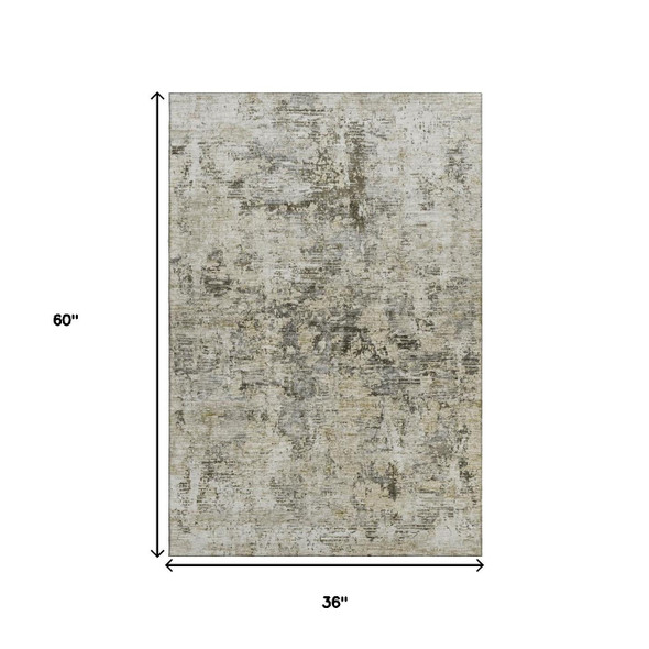 3' X 5' Taupe Beige And Gray Abstract Washable Area Rug With UV Protection