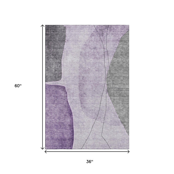 3' X 5' Purple Gray And Ivory Abstract Washable Area Rug With UV Protection
