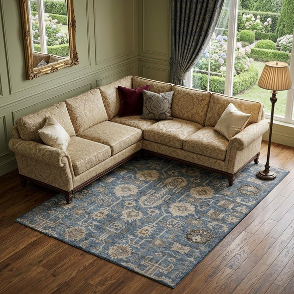 8' X 10' Navy Blue Beige And Charcoal Oriental Washable Area Rug With UV Protection