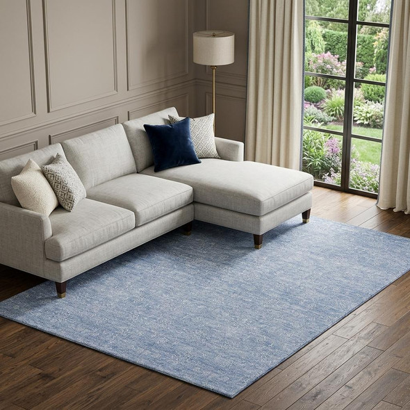 8' X 10' Sky Blue And Ivory Floral Washable Area Rug With UV Protection