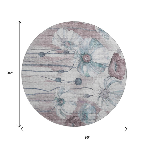 8' Teal Mauve And Ivory Floral Washable Round Rug With UV Protection