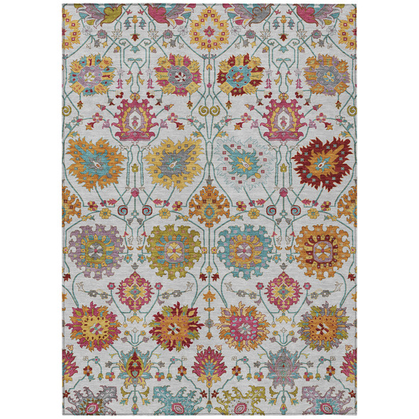 10' X 14' Ivory Gold And Pink Damask Washable Indoor Outdoor Area Rug
