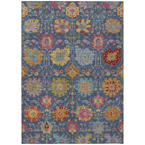 3' X 5' Navy Blue Gold And Pink Damask Washable Indoor Outdoor Area Rug